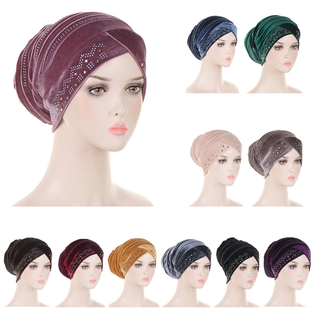 

Muslim Women Velvet Diamonds Headscarf Pleated Chemo Cap Turban African Hijab Hat Head Wrap Scarf Bonnet Hair Loss Headwear Warm