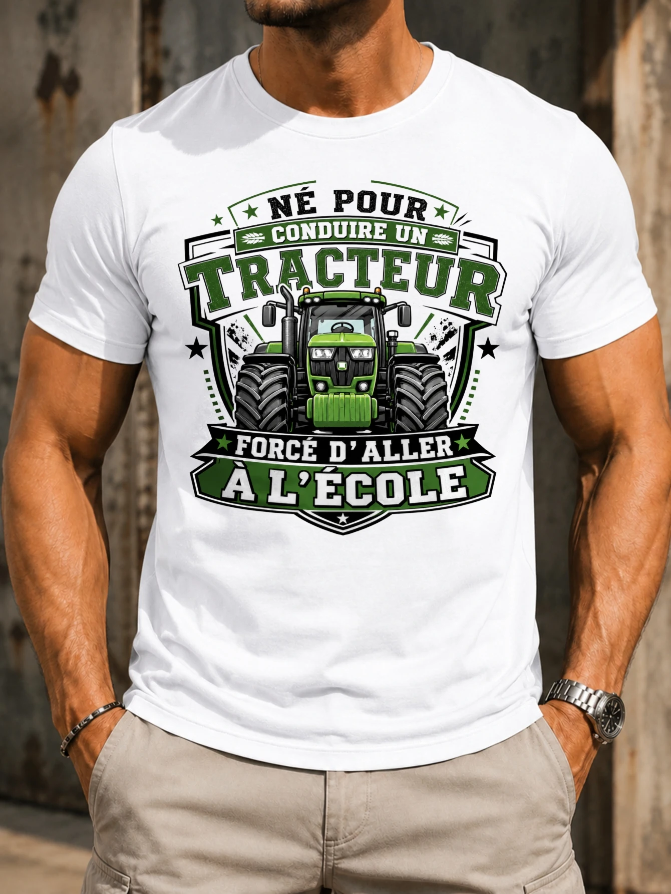 Ne Pour Conduire Un Tracteur Force D Aller A L Ecole  front tractor  with stars and green  Unisex  Unisex All T-Shirt