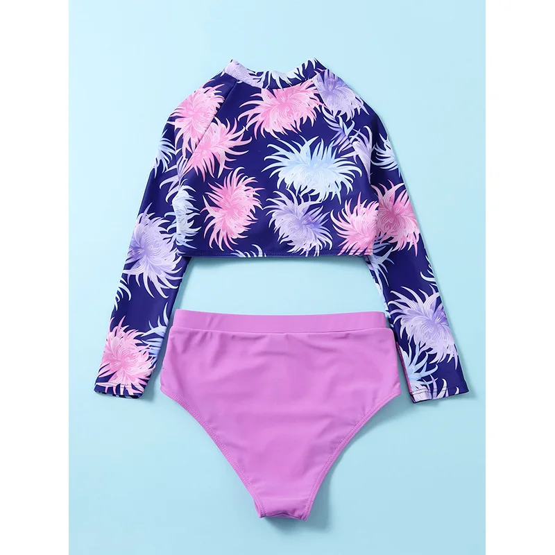 Girls High Waist Bikini Sets with Long Sleeve Crop Tops Kids Swimsuit 7-12 Years Children\'s Swimwear 2024 Teenage Bathing Suit