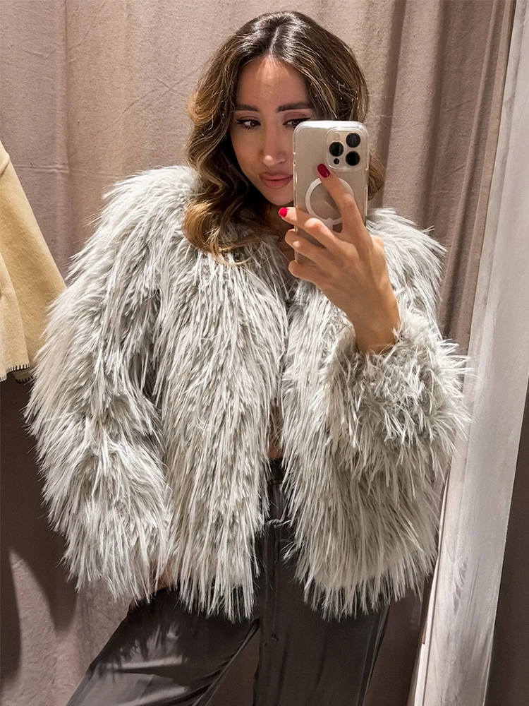 

HH Women Fashion Solid Long Sleeve Natural Imitation Fur Coat Winter Female O-Neck Warm Pockets Casual Loose Outwear Jacket