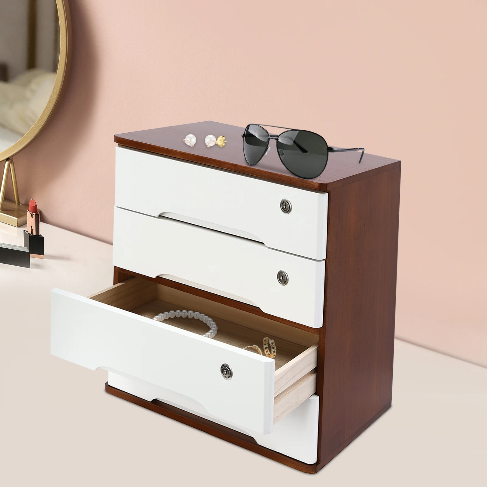 

4-Layer Locked Cabinet - Walnut + White For Home Living Room To Store