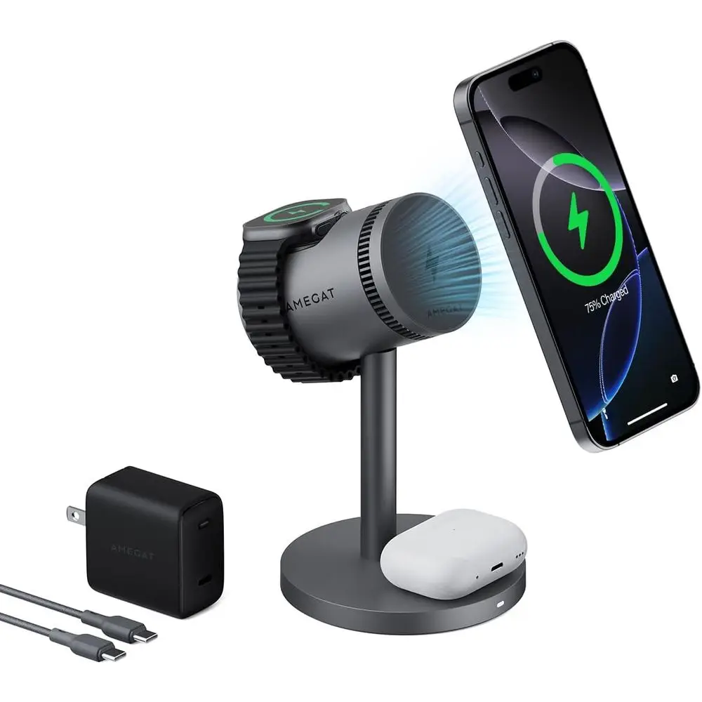 

Универсальная зарядная док-станция 3-в-1 для iPhone 12/13/14/15/16/17, Apple Watch и AirPods с зарядными устройствами Qi 15 Вт и PD 45 Вт