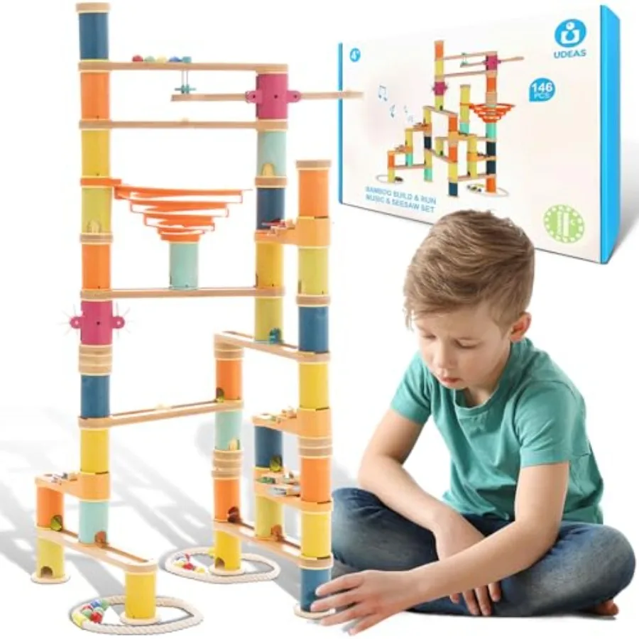 

Bamboo Marble Runs Building Construction Toy Set with Musical Ball 146pcs Simple Maze for Age 4+
