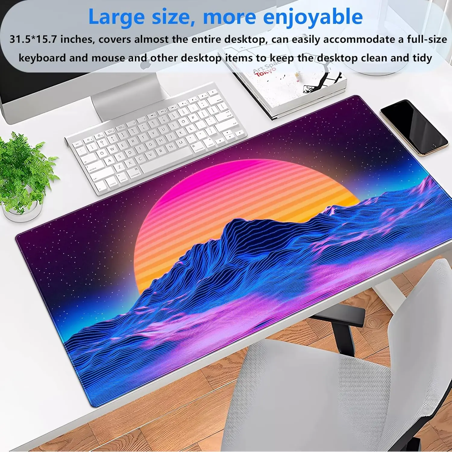 Retro Synthwave Mountain Sun Desk Mat, Neon 80s Vaporwave Large Gaming Mouse Pad for Gamers Home Office Workstation