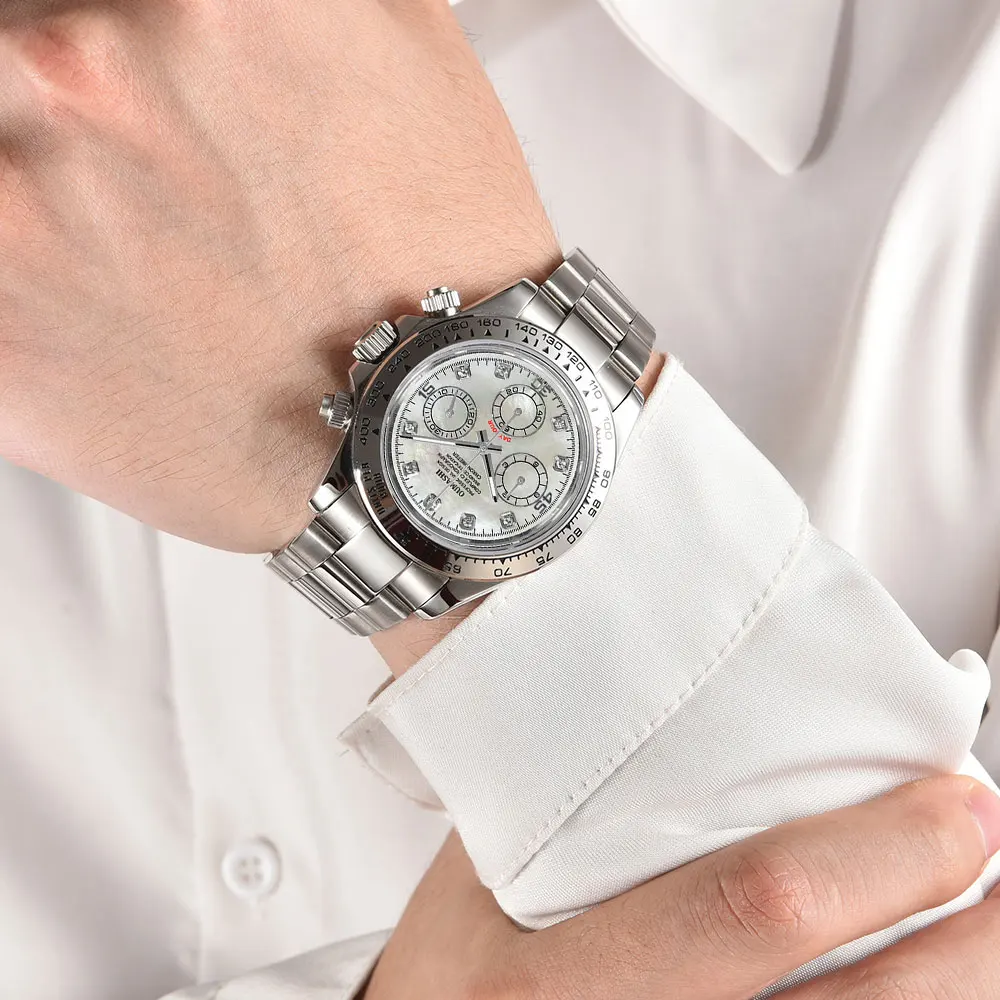 39 มม.เงินนาฬิกาข้อมือผู้ชาย VK63 การเคลื่อนไหวควอตซ์ chronograph sapphire glass ธุรกิจที่กําหนดเองผู้ชายนาฬิกากันน้ํา