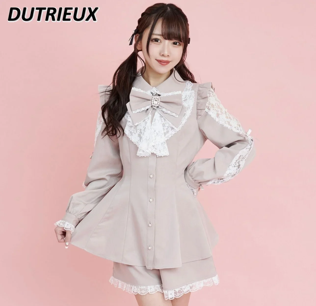 

Japanese Mine SC Dress Suit 2024 Spring and Summer New Long Sleeve Sweet Bow Lace Ruffled Patchwork Dress Shorts Two-Piece Set