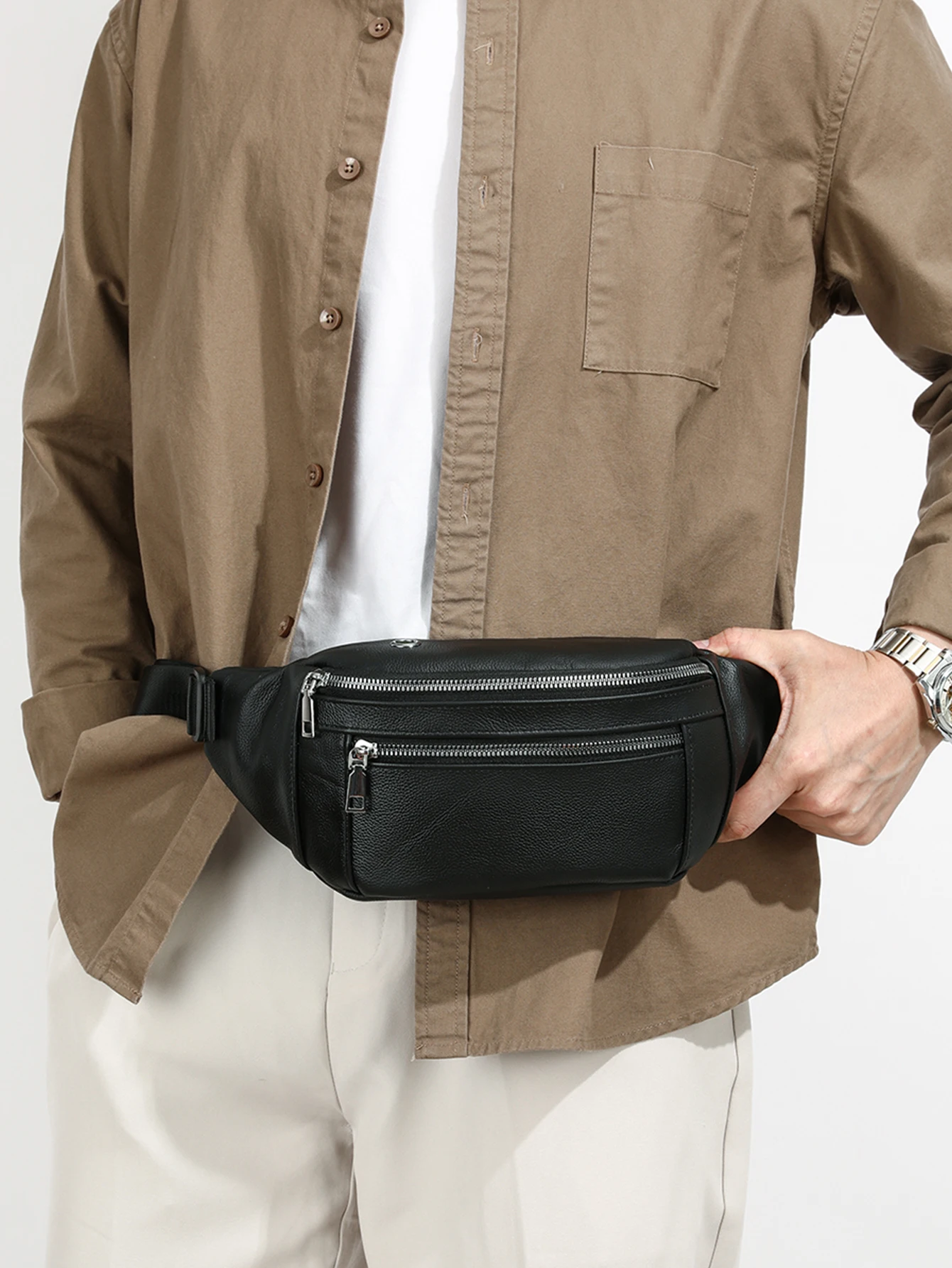 VC Simple Black Men's Genuine Leather Fanny Pack Lightweight Sports Waist Bag for Men Belt Pouch Phone Chest Bags Male Small Bag