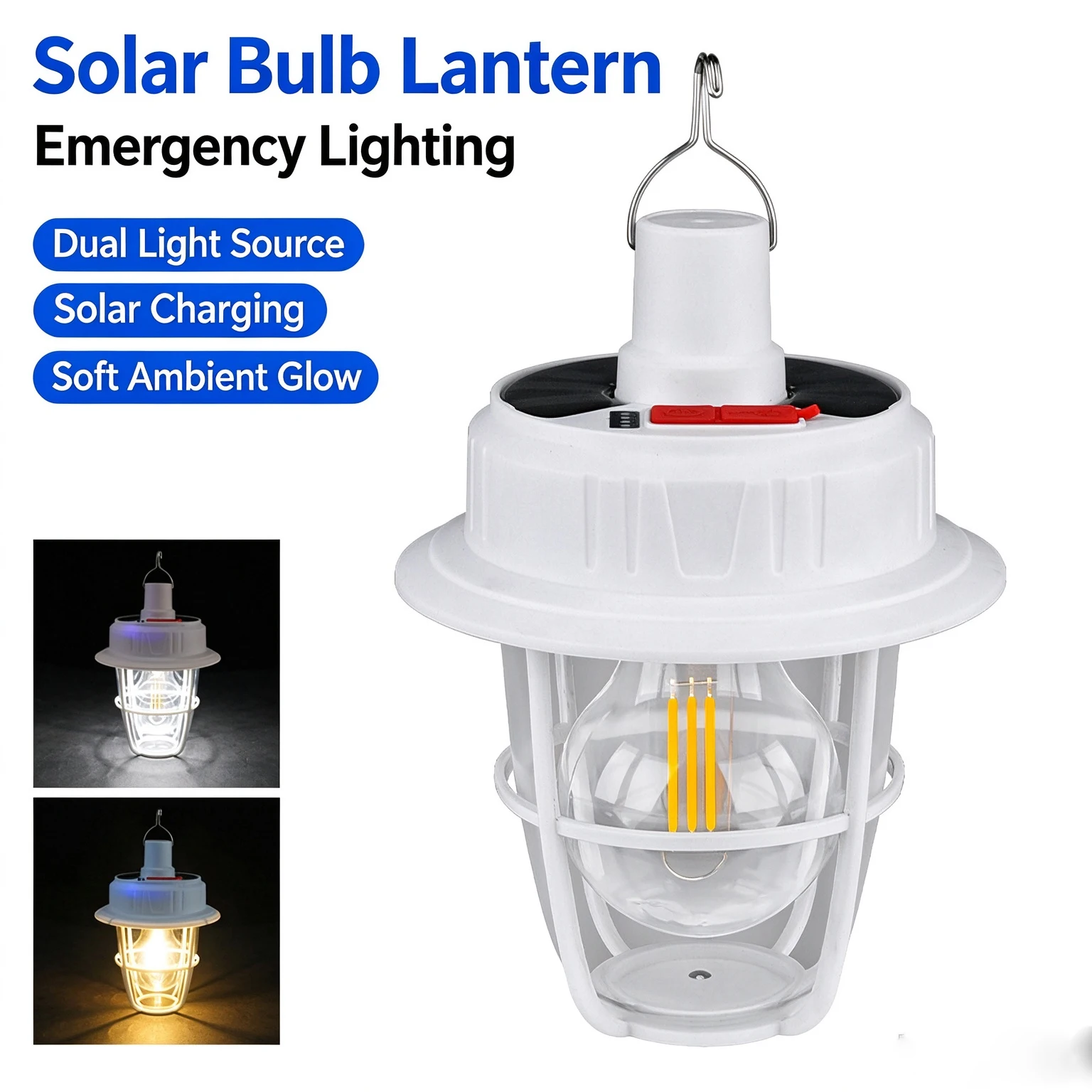 Solar LED Camping Lantern Portable Hanging Tent Light with Type-C/Solar Charging Waterproof Emergency Lamp for Outdoor