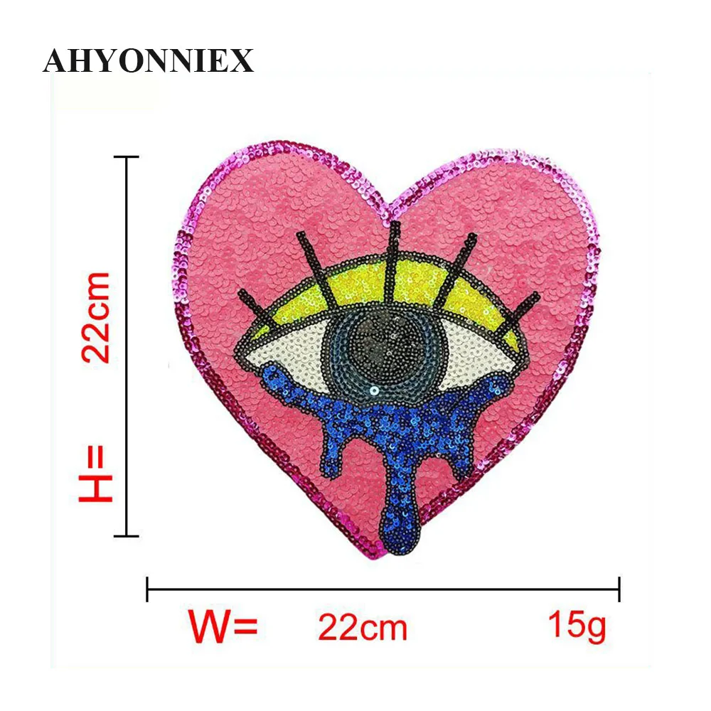 22CM Fashion Heart Shape Sequins Eye Clothing DIY Patches for Clothes Iron On Patch Badge Applique Embroidered Patches