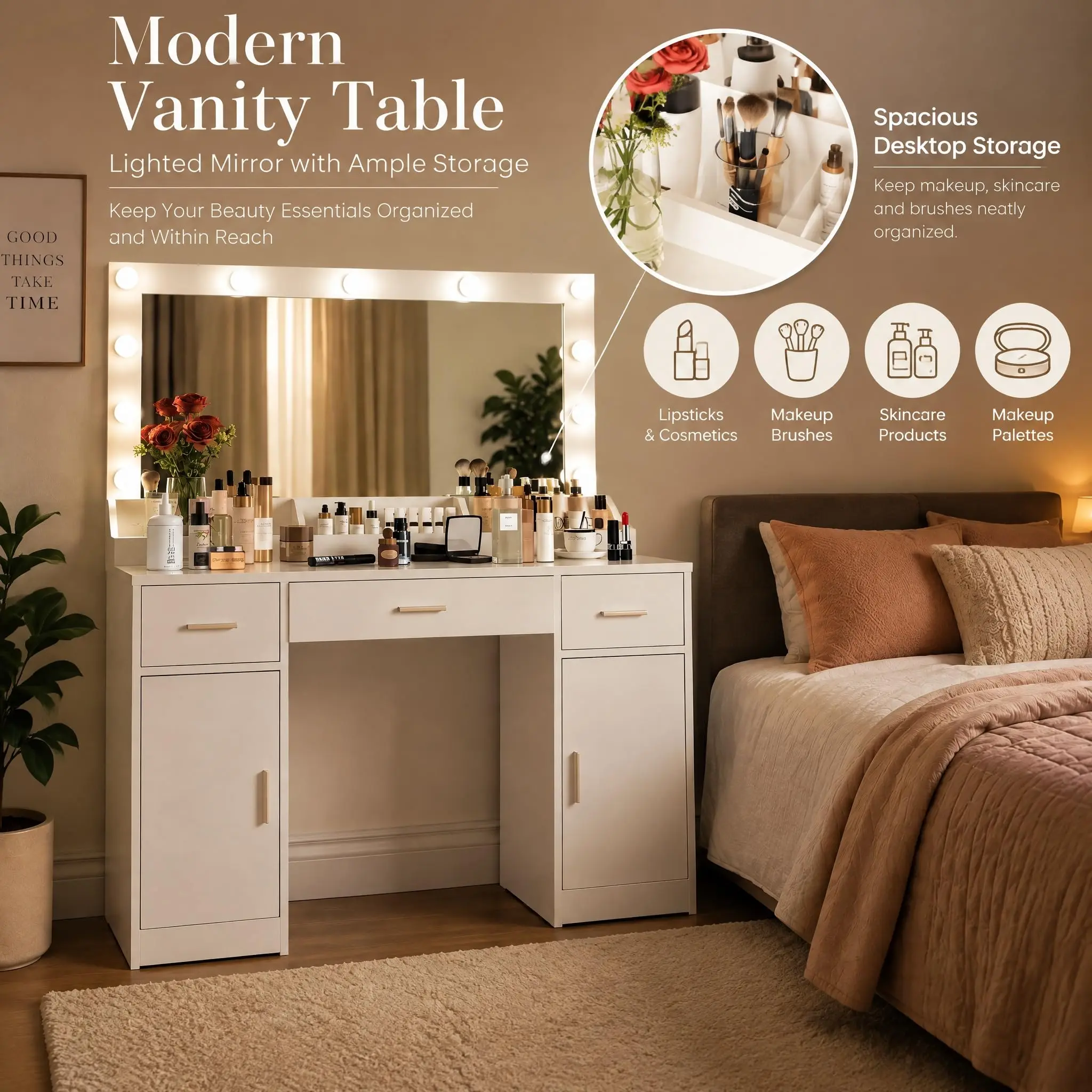 47.5” Desk with Large Mirror, 3 Colour Lighting es, Adjustable Brightn, Drer with 3 Ders & 2 Veal Cabi, Makeup Table