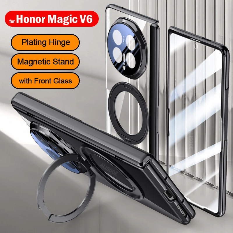 

HD Transparent Funda for Honor Magic V6 Case Plating Hinge Magentic Ring Kickstand Shockproof Cover with Front Screen Glass Film