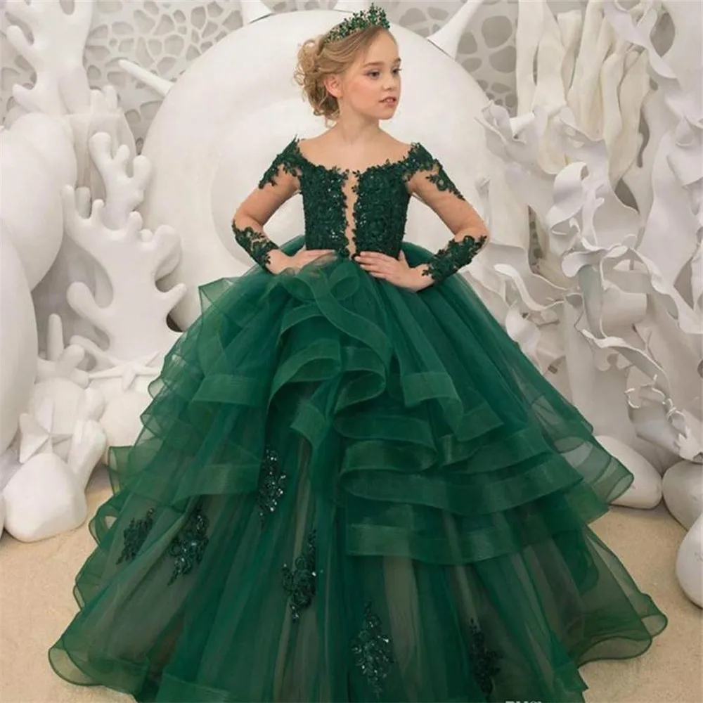 Wunderschöne Spitze lang ärmel ige geschichtete Prinzessin Blumen mädchen Kleid Hochzeits feier Ball Erstkommunion Kleider Traum Kinder Geschenk