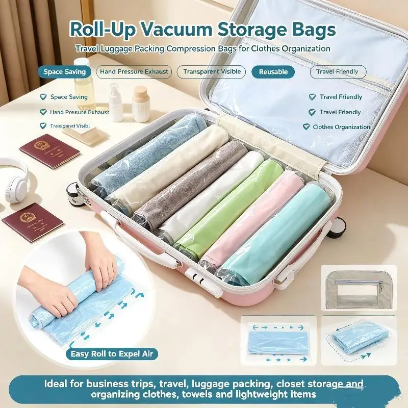 Reusable Travel Clothes Air Vacuum Bags Roll Up Compression Storage Bags For Suitcases Tops Pants Portable Foldable Storage Bags