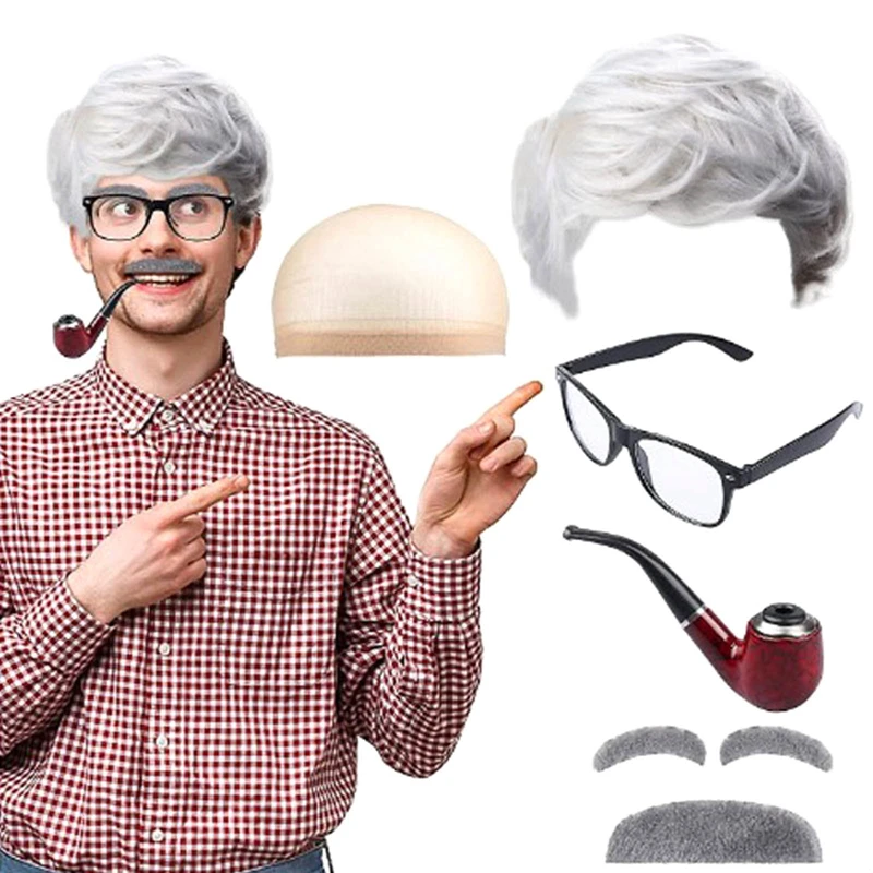 Old Man Costume Kit Grandpa Costume Accessories Including Old Man Wig,Wig Cap,Glasses,Fake Beard,Faux Eyebrows for Cosplay