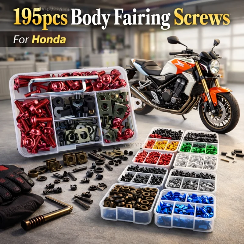 195-teiliges CNC-Kit mit Motorradverkleidungsschrauben und Muttern für Honda CBR 125R 954 600 F4i 650F 650R 1100XX 1000F CBR 600RR 1000RR