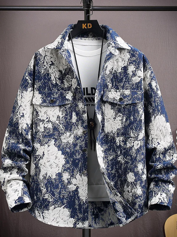 

New 2025 Men's Faionable Casual Long Sve irt American Woven Floral Collar Jaet Stand Fit Polyester Cotton Blend