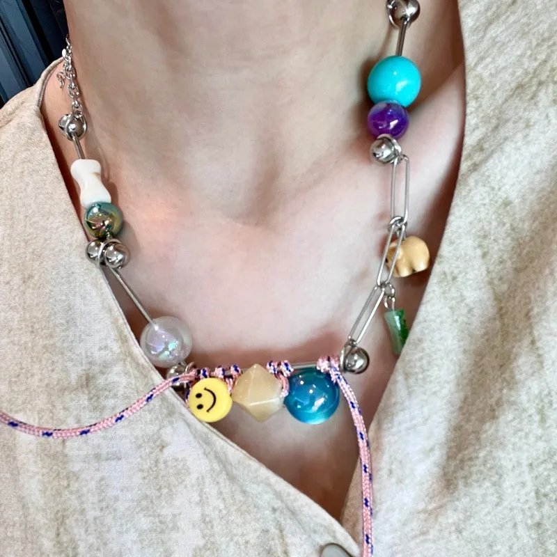 Colored crystal glass beaded smiley face necklace women's handmade knitted sweater chain