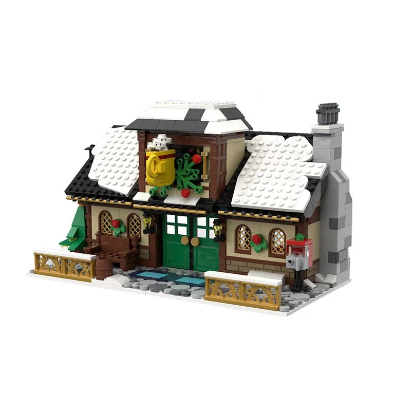 MOC Architecture Winter Village Cafe Winter Church Building Block Kit City Street View Architecture Zabawki dla dzieci Prezent świąteczny