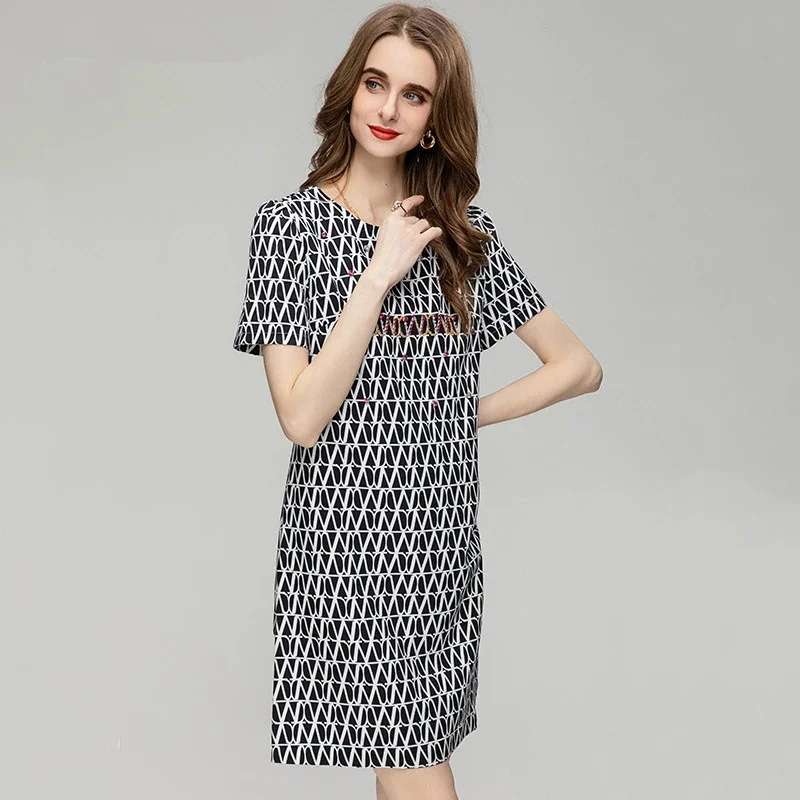 New Fashion Designer Summer Elegant Simplicity Women's O-Neck Short Sleeve Diamond Geometric Print Mini Dress