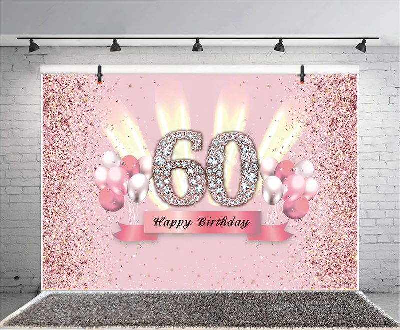 Pink 60th Photo Backdrop Women Men Happy Birthday Party Sixty 60 Years Old Photograph Background Photo Banner Decoration Prop