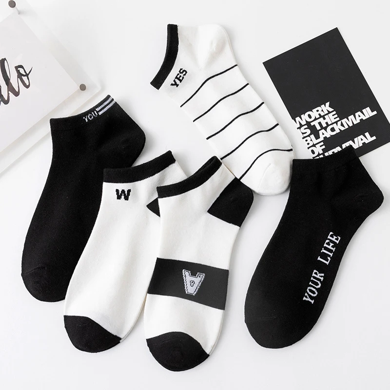 5 Pairs/Lot Men's Socks Man Clothing Short Mesh Casual Fashion Funny Ankle Low Tube Black White Lettered Happy Sock