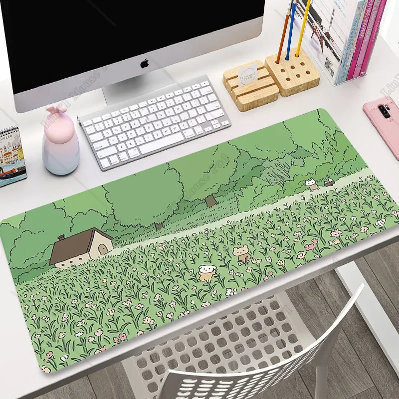 Green Plant Gaming Mousepad None Slip Rubber Base Mouse Mat Keyboard Desk Pad Kawaii Cat Mousepads XXL 90x40 cm for Office Work