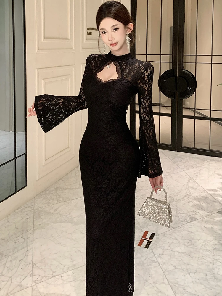2025 schwarz Spitze Patchwork Aushöhlen Sexy Langes Kleid Frauen Koreanische Vintage Luxus Abendkleid Herbst Winter Elegante Prom Kleid