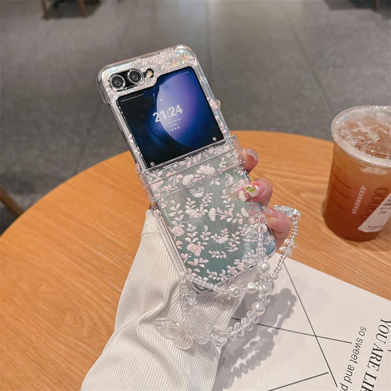 Untuk Samsung Galaxy Z Flip 6 3 4 5 casing Ins gelang kartu bunga casing penutup belakang PC keras untuk Samsung Z Flip5 ZFlip5