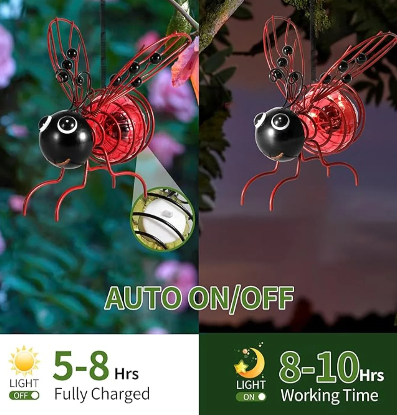 6PCS Solar-Powered Hanging Metal Ladybug Light Garden Decor Lady Sculpture with Bouncy Springs Summer Outdoor Art Decorations