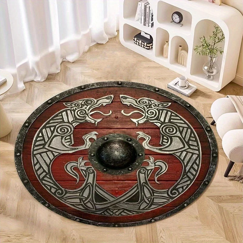 Medieval Viking Shield Pattern Round Area Rug, Non Slip Decorative Floor Mat for Living Room Game Room Bedroom Yoga and Travel
