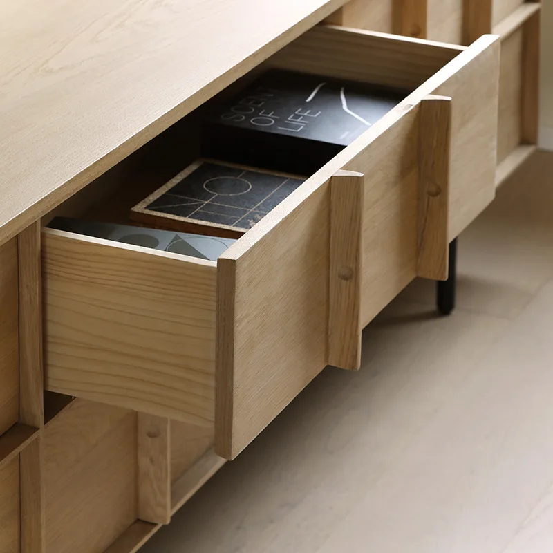 Italian minimalist solid wood TV cabinet designer Italian log six pump TV cabinet side cabinet French wabi sandy wind