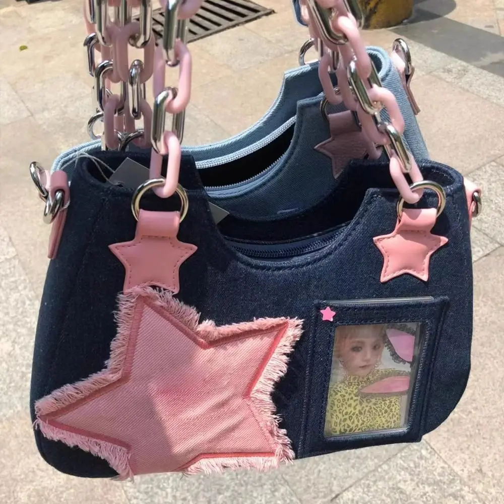 Y2K Vintage Korean Fashion Shoulder Underarm Harajuku Star Tote Denim Bag Chain Ladies Bags Zip Purses Handbags Women