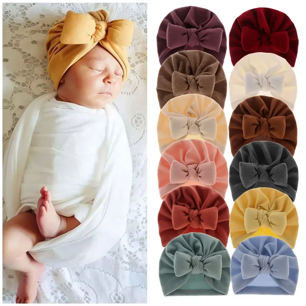 Cashmere Baby Hat Warm Autumn Winter Beanies Solid Bow Topknot Bonnet Infant Boys Girls Caps New Turban Headwraps