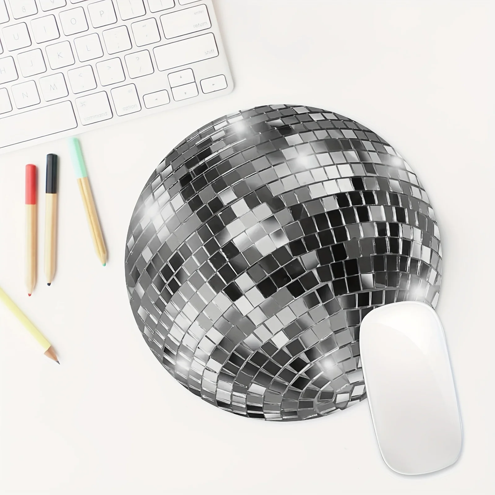 Silvery Disco Ball Round Mouse Pad Computer Anti Slip Rubber Mouse Pads Office Desk Accessories Desk Pad Computer Mat Carpet