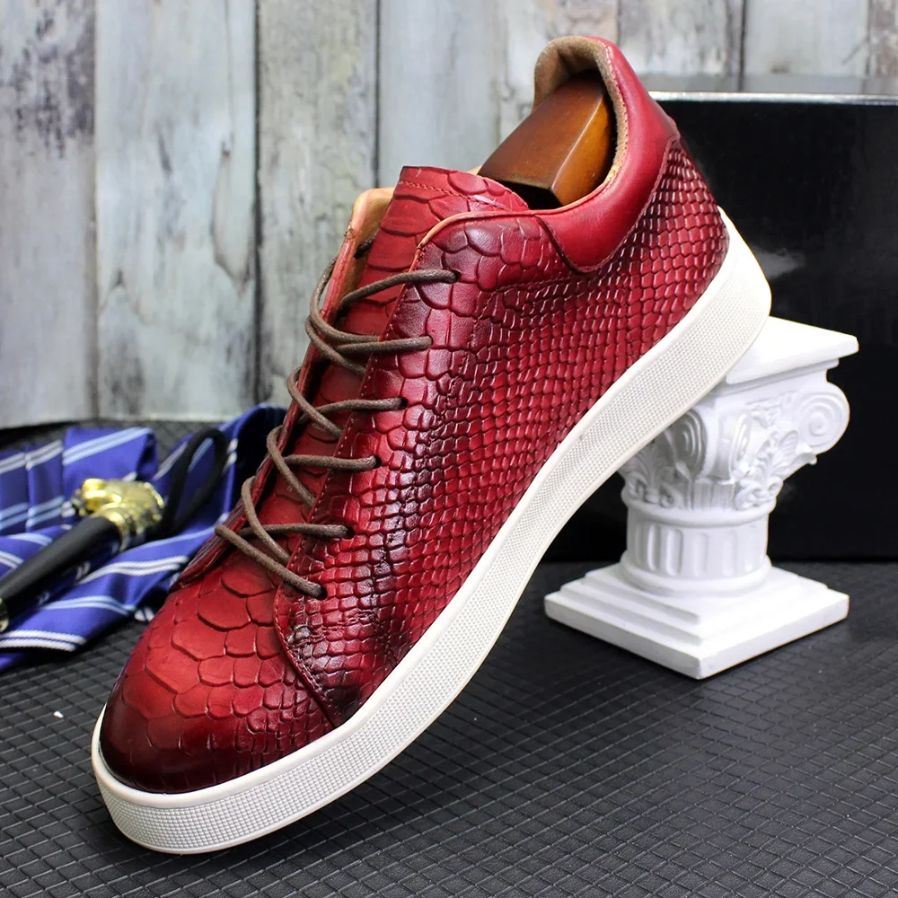 Man Causal Shoes Real Cow Leather Handmade Classic Lace Up Street Shopping Fashion Snake Pattern Derby Shoes for Men Sneakers