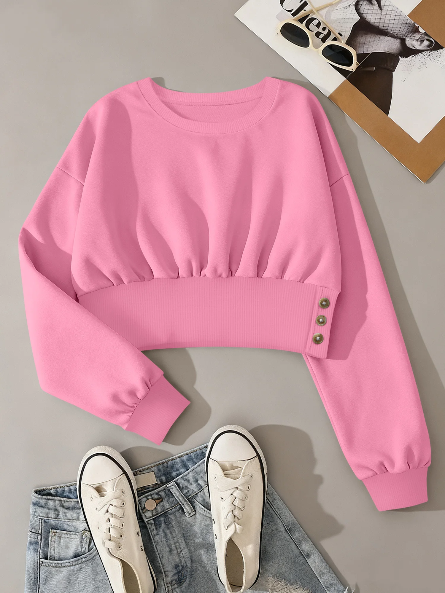 Trending Street Style Ladies Cropped Pullover Sweatshirt Crew Neck Long Sleeve Side Button Ribbed Waist Loose Drop Shoulder Top