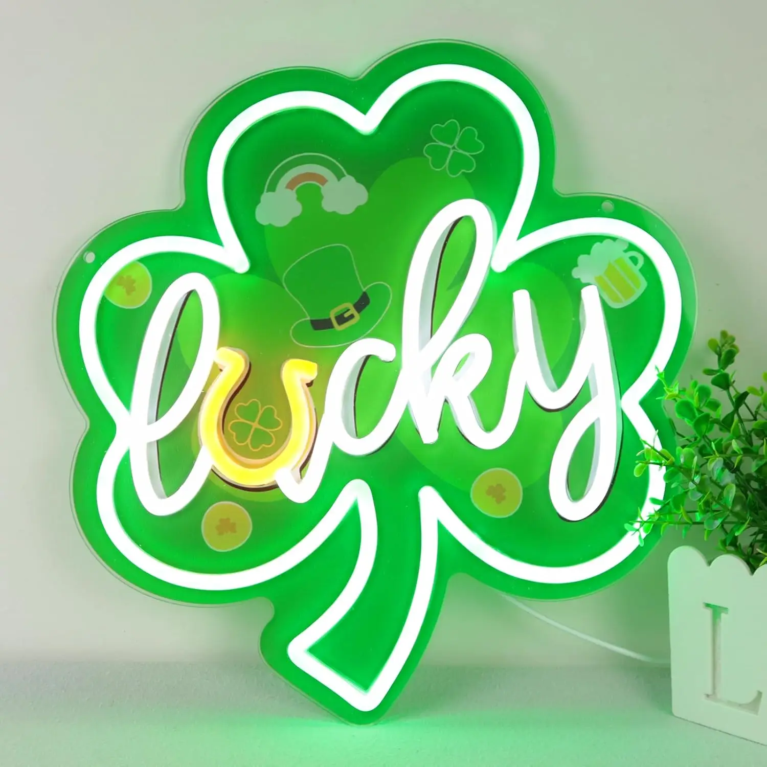 

St. Patrick’s Day Art Neon Sign – Shamrock LED Lights, Dimmable Wall Decor for Kids Room, Office, Party Gift, USB Powered