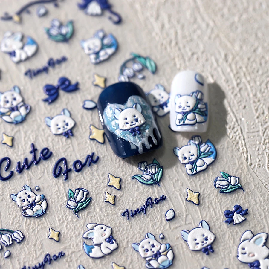 Cute Blue Fox Star Lily of The Valley Bowknot Petal Cup Equinox Flowers Tragedy Reliefs Adhesive Nail Art Sticker Manicure Decal