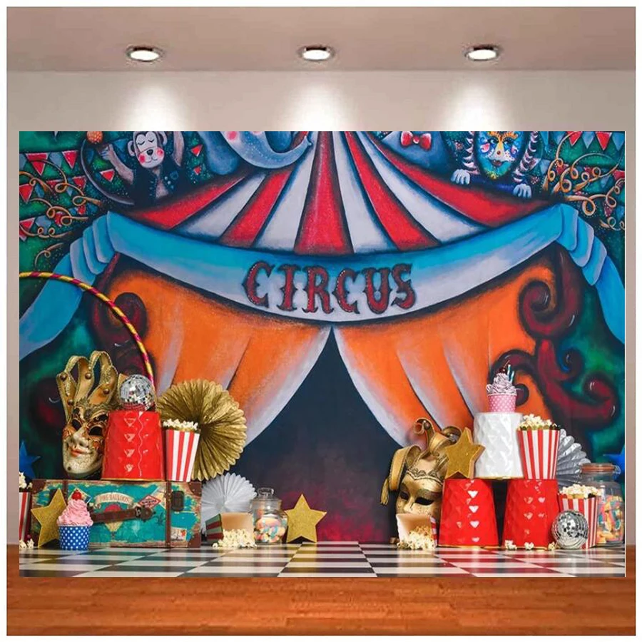 

Photography Backdrop Circus Tent Clown Popcorn Ice Cream Birthday Party Decoration Background Banner Video Call Photo Studio