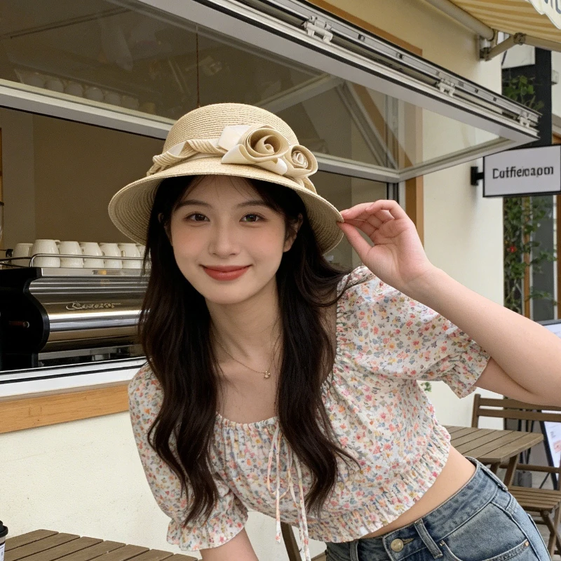 Elegant Hepburn Style Floral Hat for Women Spring Summer Outdoor Sun Hat Beach Ladies' Fashion Accessory