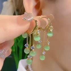 Fashion Green Opal Rhinestone Tassel Drop Earrings for Women Elegant Temperament Long Earrings Girls Wedding Party Jewelry Gift