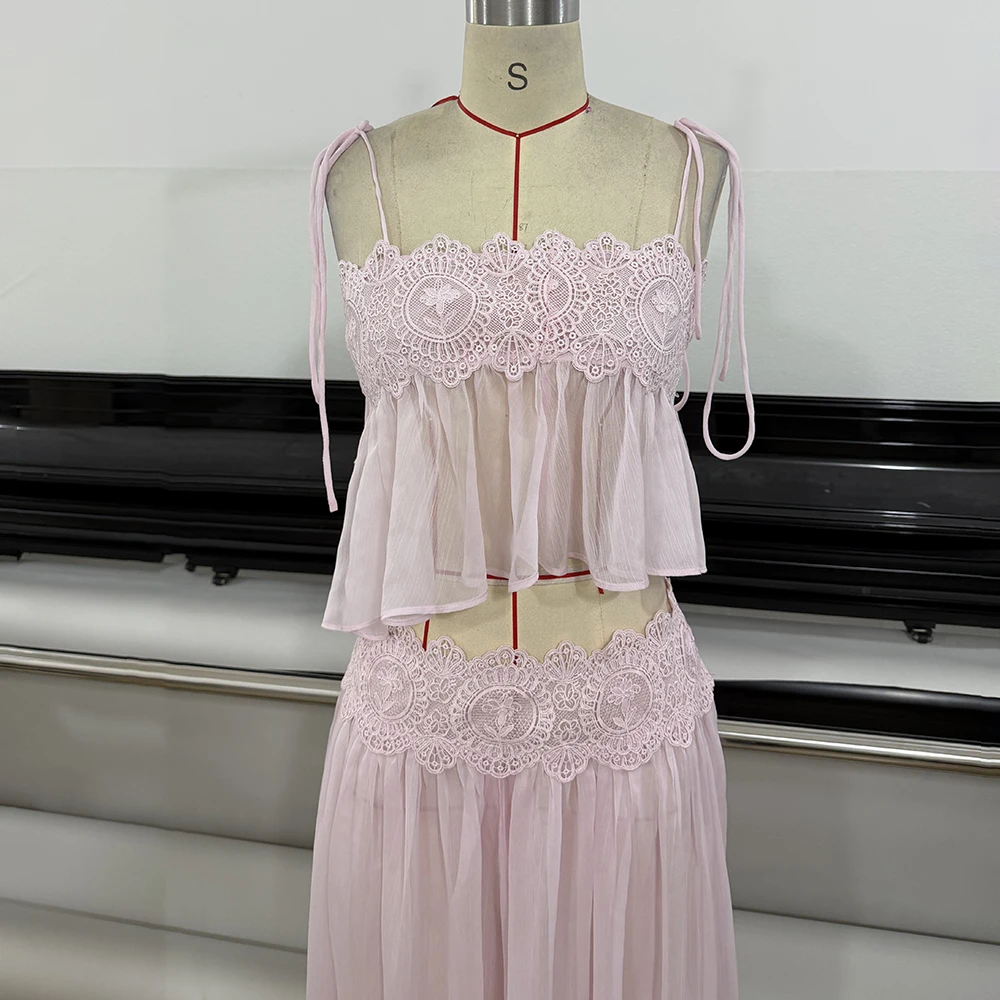 Fashionable Elegant Pink Lace Crop Top High Waist Chiffon Wide Leg Pants Two Piece Set Romantic Boho Party Club Outfit