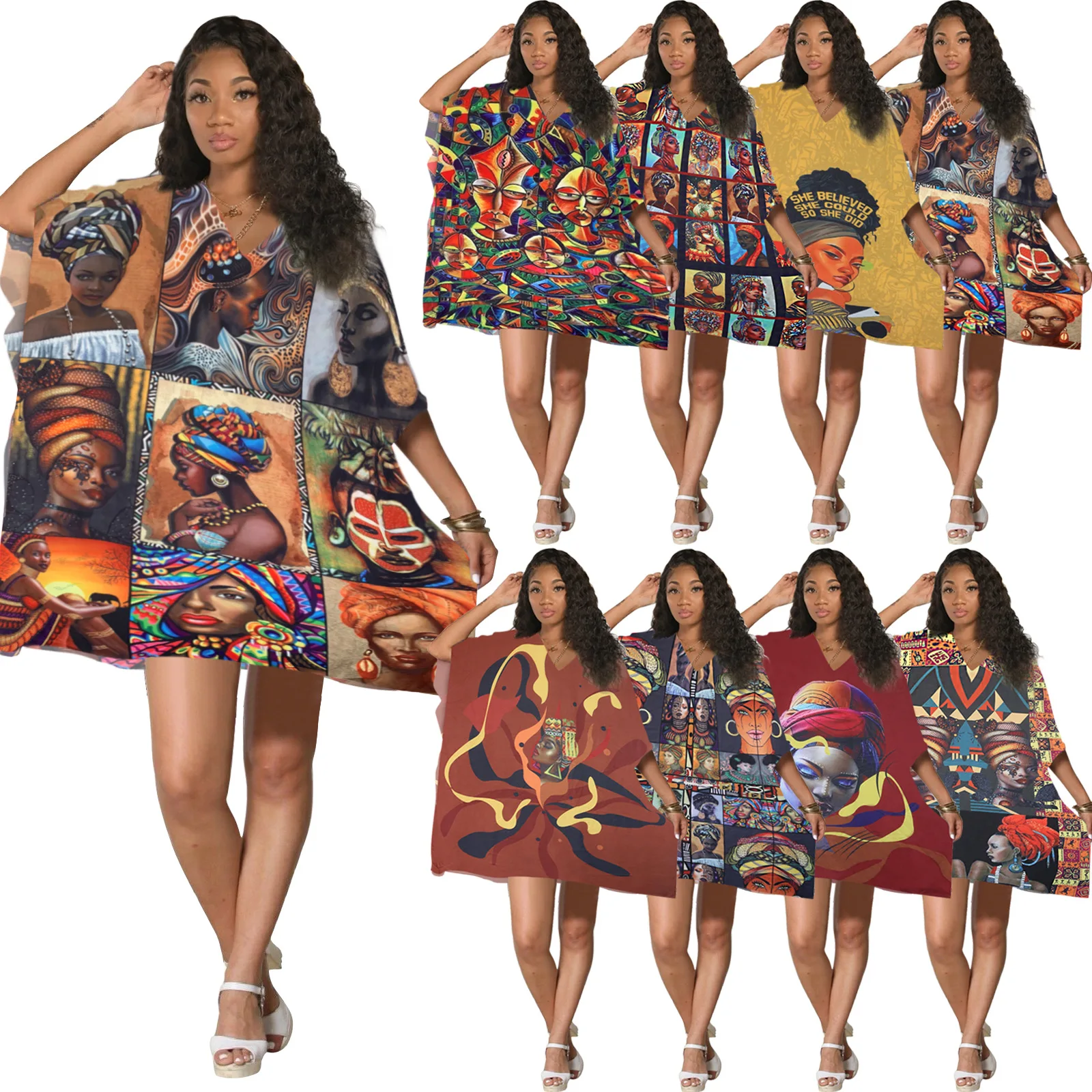 Plus Size 5XL Fashion African Women V-neck Sleeveless Printed Loose Dresses Summer Boho Chiffon Smock Beach Dress Vestido