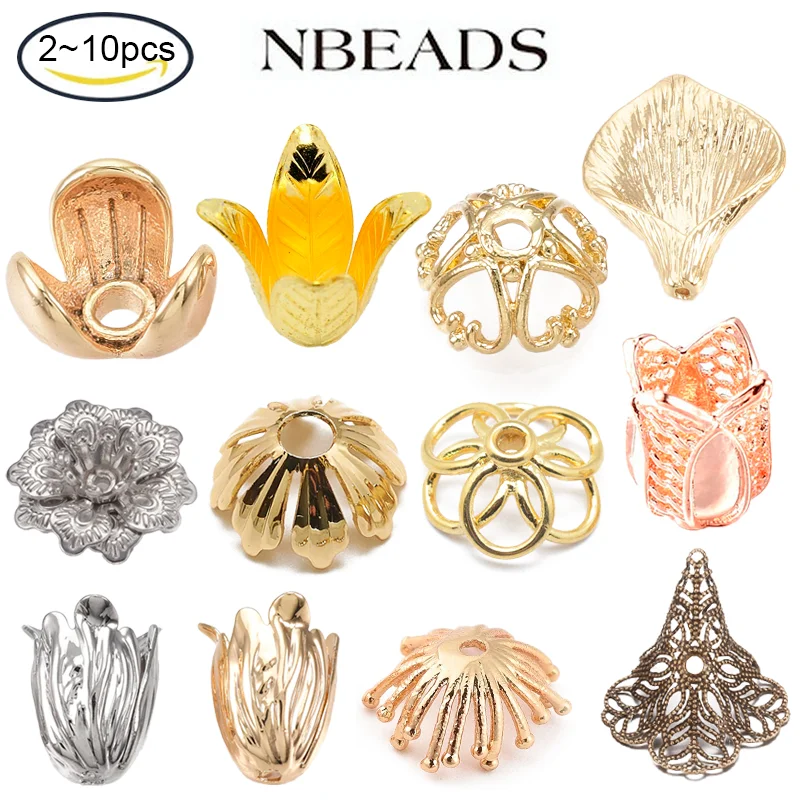 NBEADS 2-10 PCS Flower Shape Real Platinum Plated Brass Bead Caps Nickel Free for Jewelry Making Jewellery Making Supplies