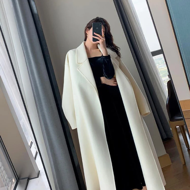 Elegant Midi Wool Blends Coat Women Korean Thicken Long Bandage Jackets Oversized Lace Up Outwear White Cardigan Woolen Overcoat