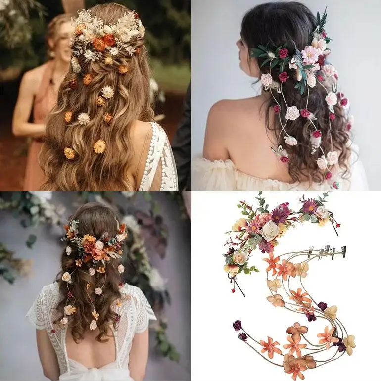 Fashion Tassel Women Flower Vine Forest Simulated Hair Wreaths Hairpins Flower Headband Festival Party