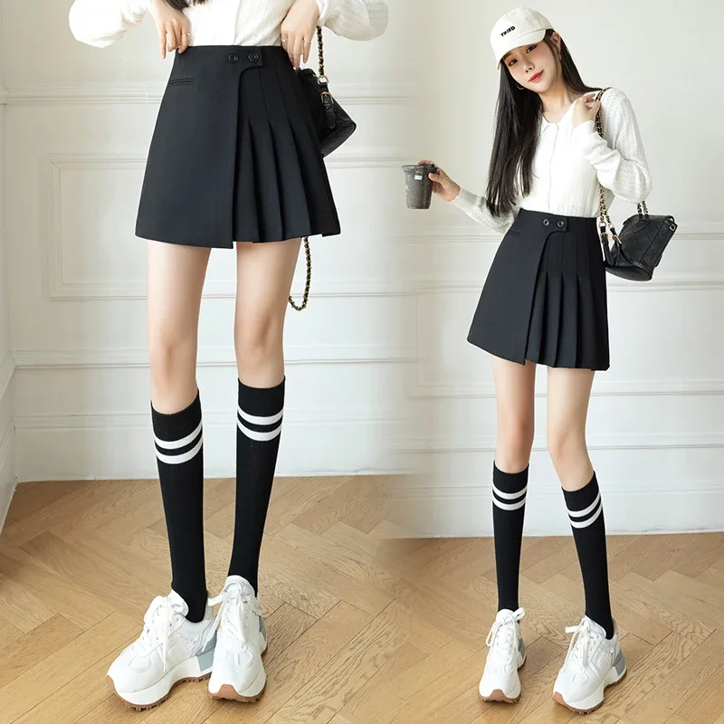 2024 New Korean Cute High Waist A-line Mini Pleated Skirt Fashion Button Female Short Skirts Woman Spring Summer Casual Skirts