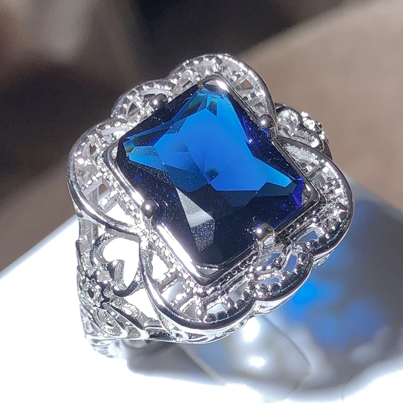 Exaggerated Geometric Hollow Square Dark Blue Zirconia Ring Female 925 Stamp Party Wedding Jewelry Gift Wholesale