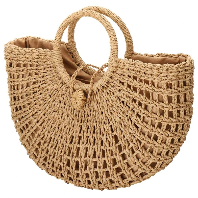 

Straw Beach Bag Natural Hand Summer Tote Handbags Round Woven Handle Shoulder Purse For Women Casual Large Capacity Tote Bags