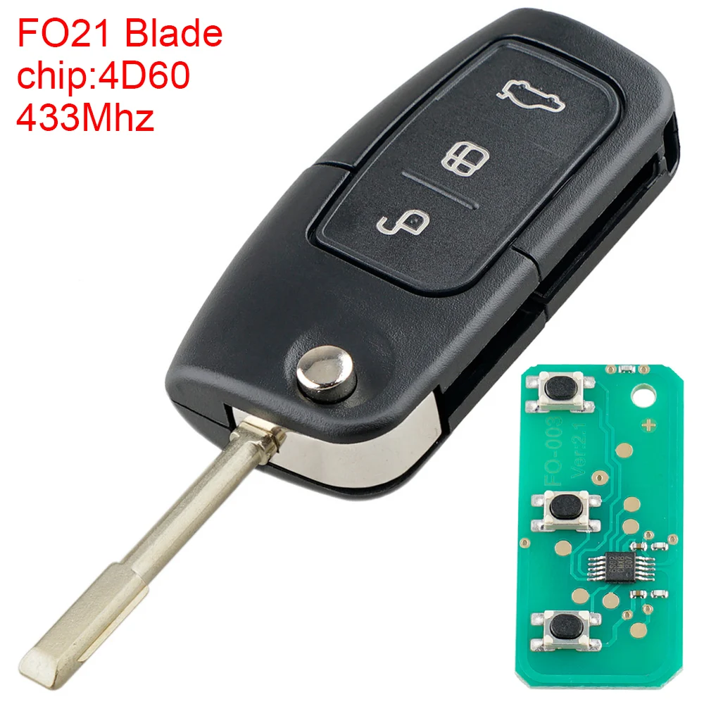 

3 Buttons Car Remote Key Fob Case Shell Fit for MONDEO Ford FOCUS FIESTA GALAXY 433Mhz Key Shell Cover with 4D60 Chip FO21 Blade